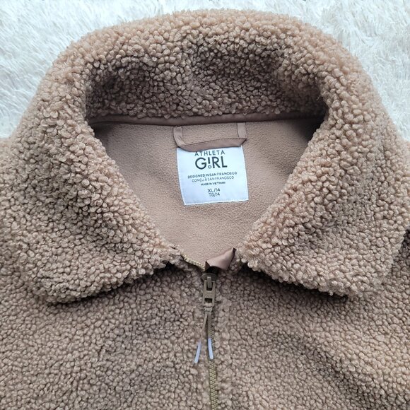 Athleta Girl Size XL 14 Teddy Fleece Jacket Coat, Brown Tan Woods Khaki Like New - Picture 5 of 9